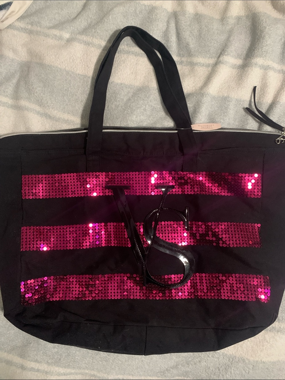 Victoria's Secret Black Tote with Hot Pink Sequin Stripes and Glossy VS Logo